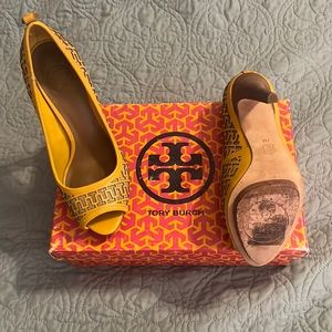 Tory Burch peep toe heels.